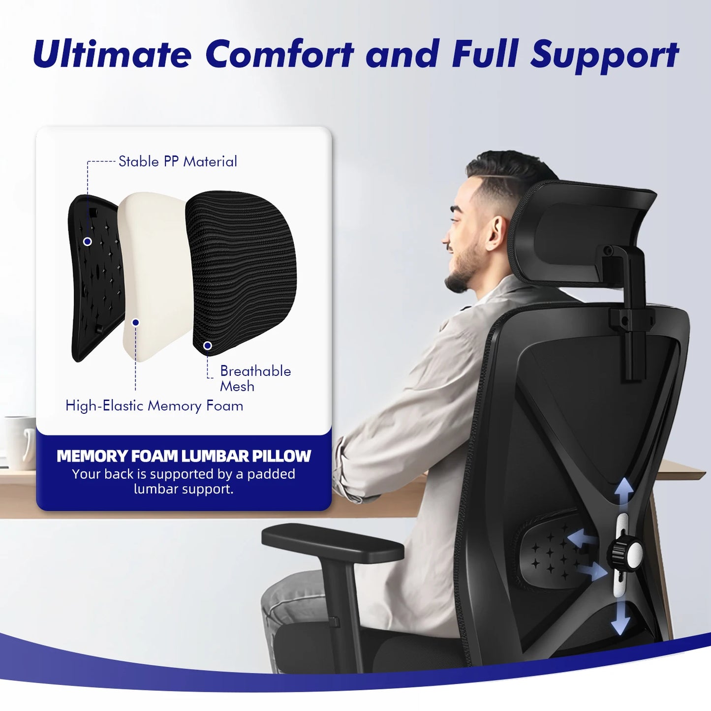 Hiazurm Office Chair Ergonomic, Desk Chair with Lumbar Support 3D, Height-adjustable Office Chairs for home with Adjustable Headrest and Armrests, Computer Chairs Ideal for Company,  Home and Gaming