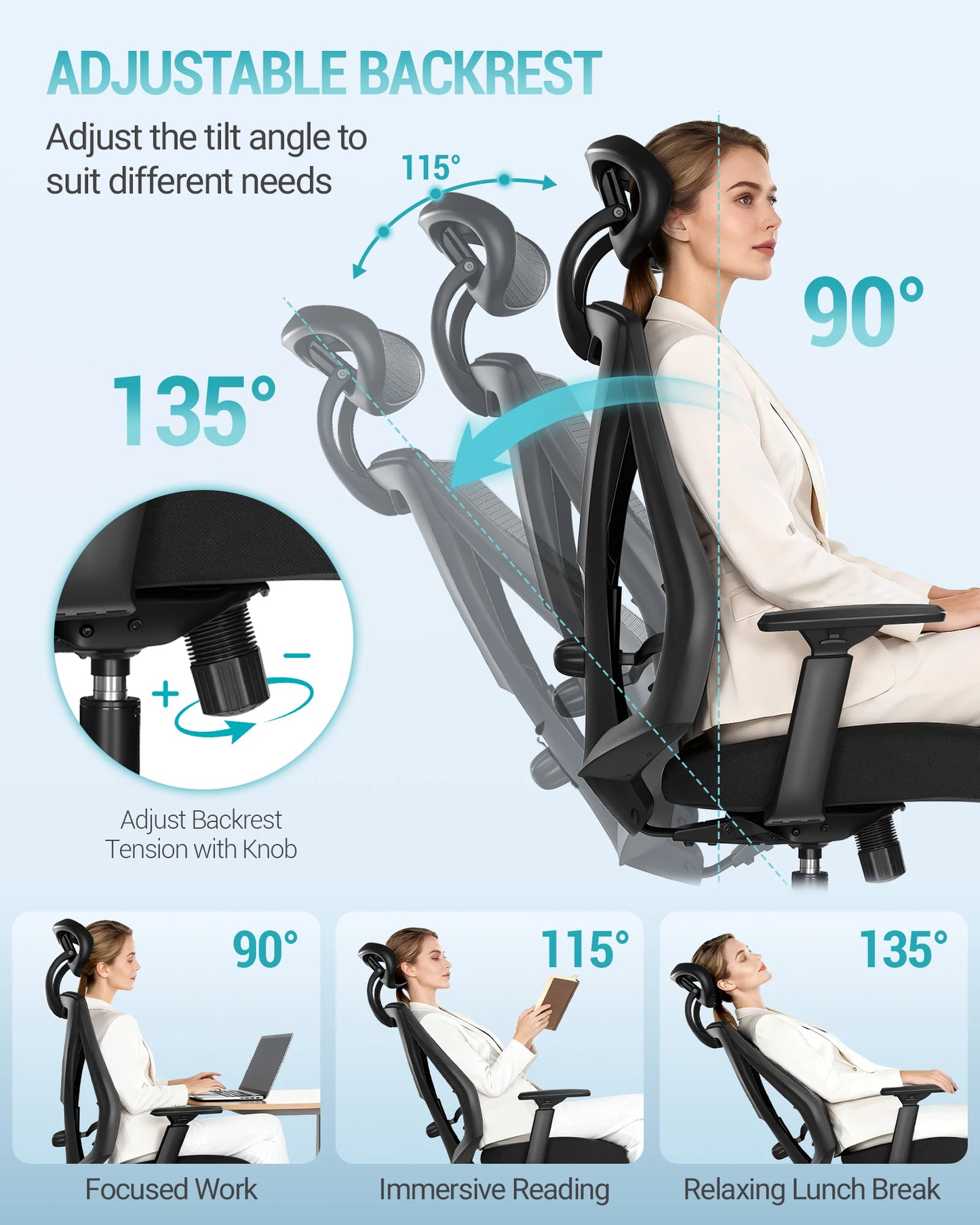1 Black Ergonomic Office Chair, Computer Chair, Swivel Chair with Adjustable Lumbar Support, Headrest and Armrest, Height Adjustment