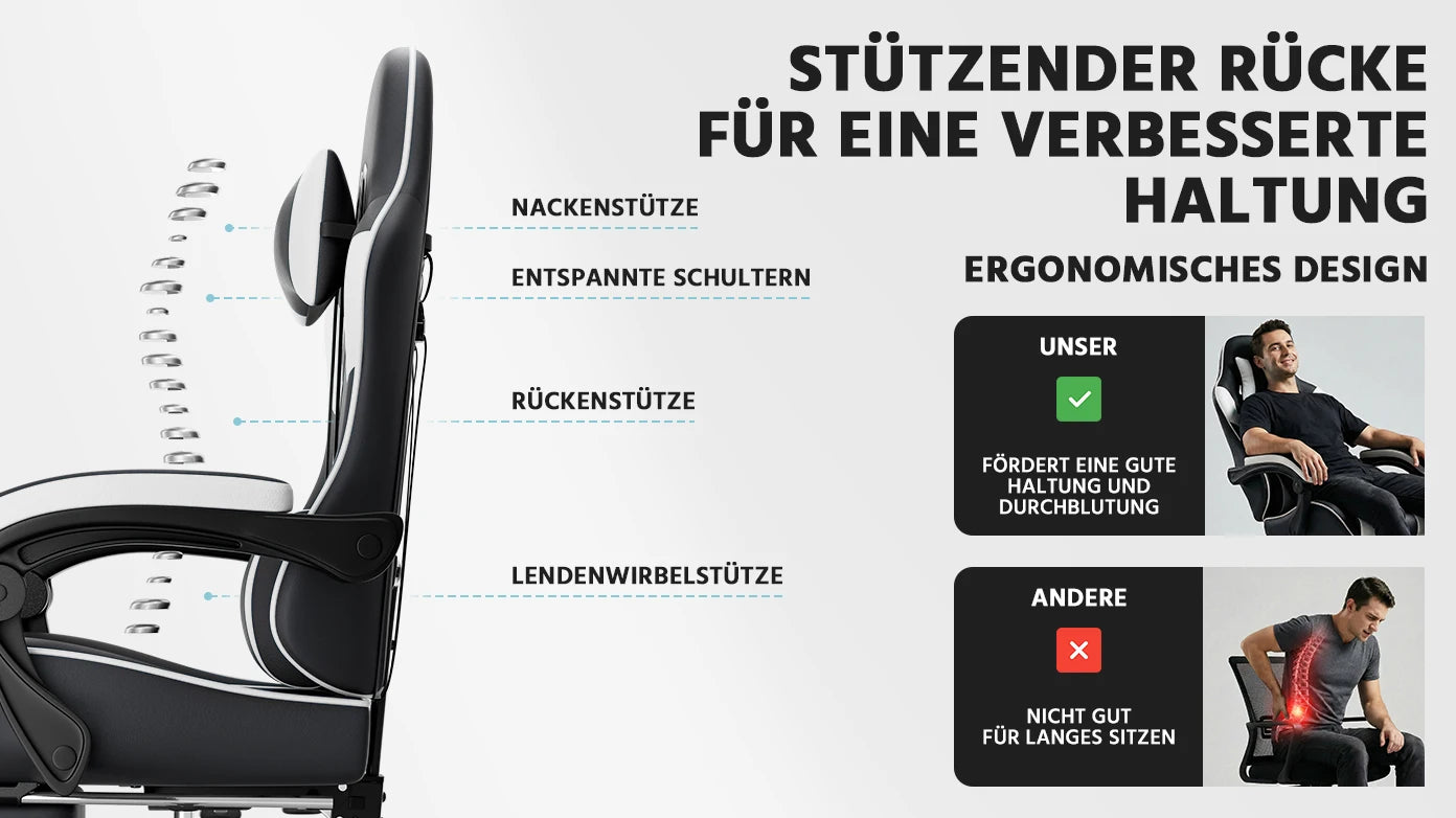 Ergonomic Gaming Chair with Footrest, PU Leather Computer Chair with Lumbar Support, Adjustable Reclining High-Back Swivel Office Chair for Gaming & Work