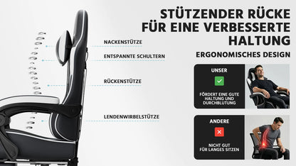 Ergonomic Gaming Chair with Footrest, PU Leather Computer Chair with Lumbar Support, Adjustable Reclining High-Back Swivel Office Chair for Gaming & Work