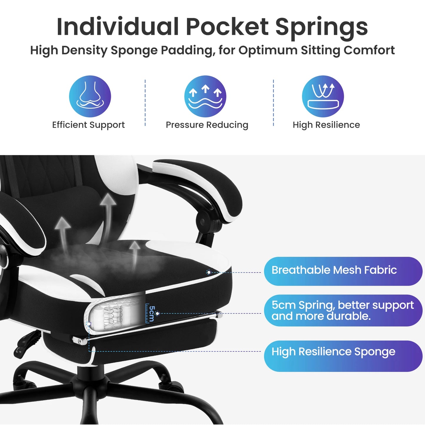 WOLTU Rotatable Computer Armchair Swivel Gaming Chair with Pocket Spring Cushion Ergonomic Office Chair Wide Seat Footrest