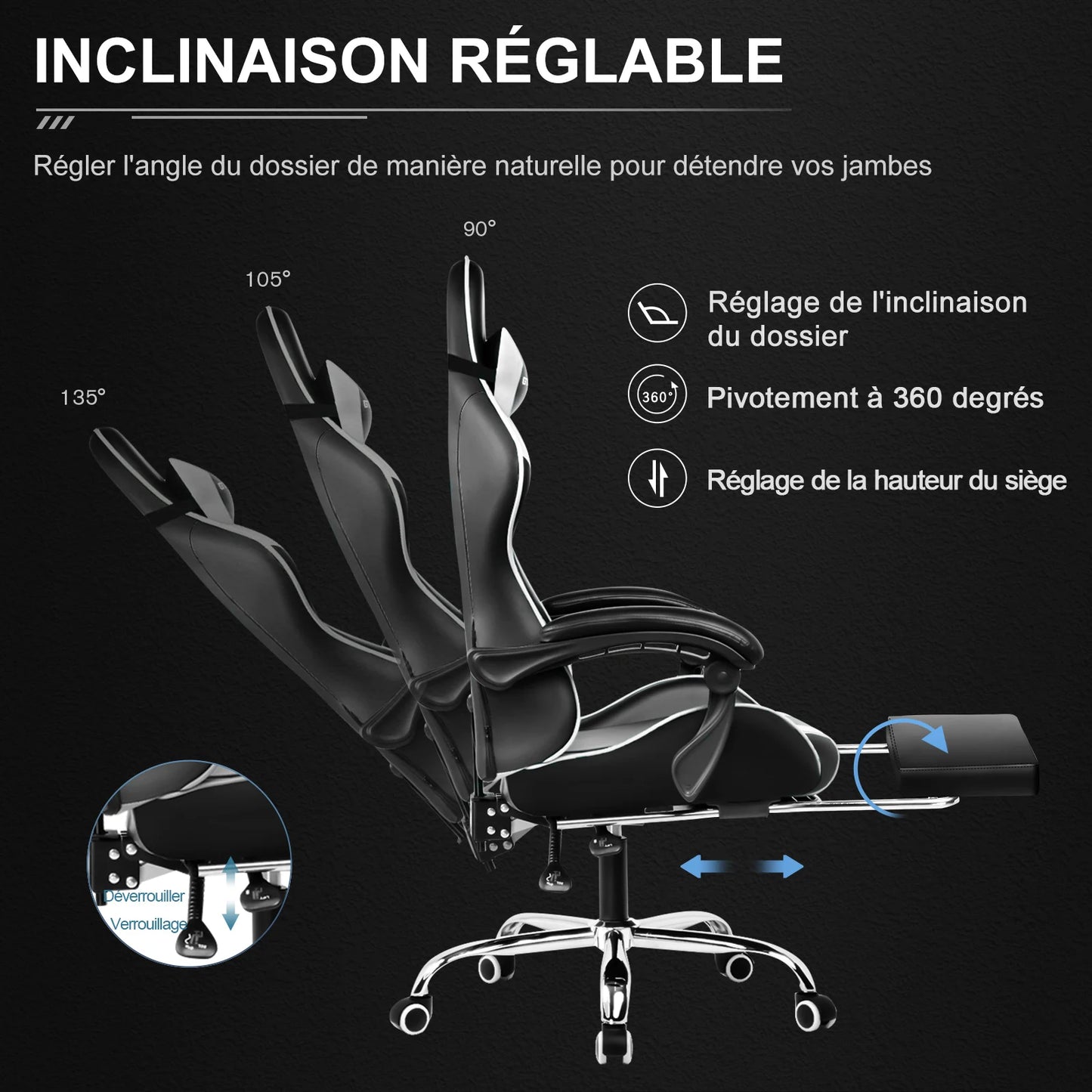 GTPLAYER Gaming Chair with Massage Lumbar Cushion & Footrest, Ergonomic Office Chair with Padded Seat, Swivel Chair up to 150 kg