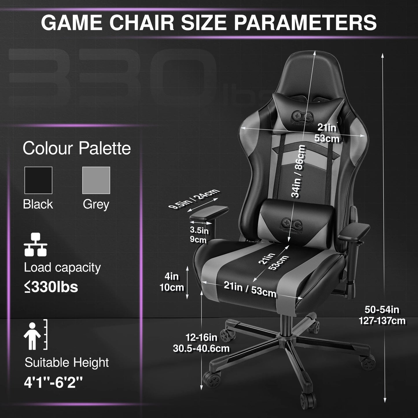 Gaming Chair, Ergonomic, PU Leather, Adjustable Armrests, Waterproof, Max 150kg, Black/Gray