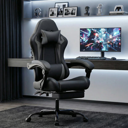 Ergonomic Gaming Chair with Footrest, PU Leather Racing Style Computer Chair, Adjustable Reclining Office Chair with Lumbar Support & Headrest