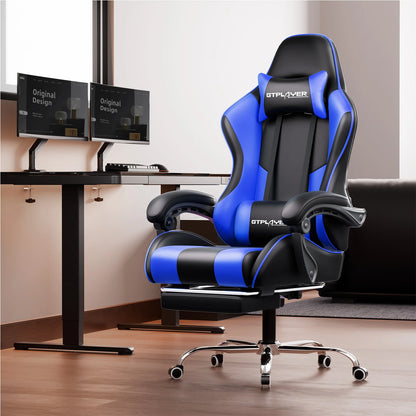 GTPLAYER Gaming Chair with Massage Lumbar Cushion & Footrest, Ergonomic Office Chair with Padded Seat, Swivel Chair up to 150 kg