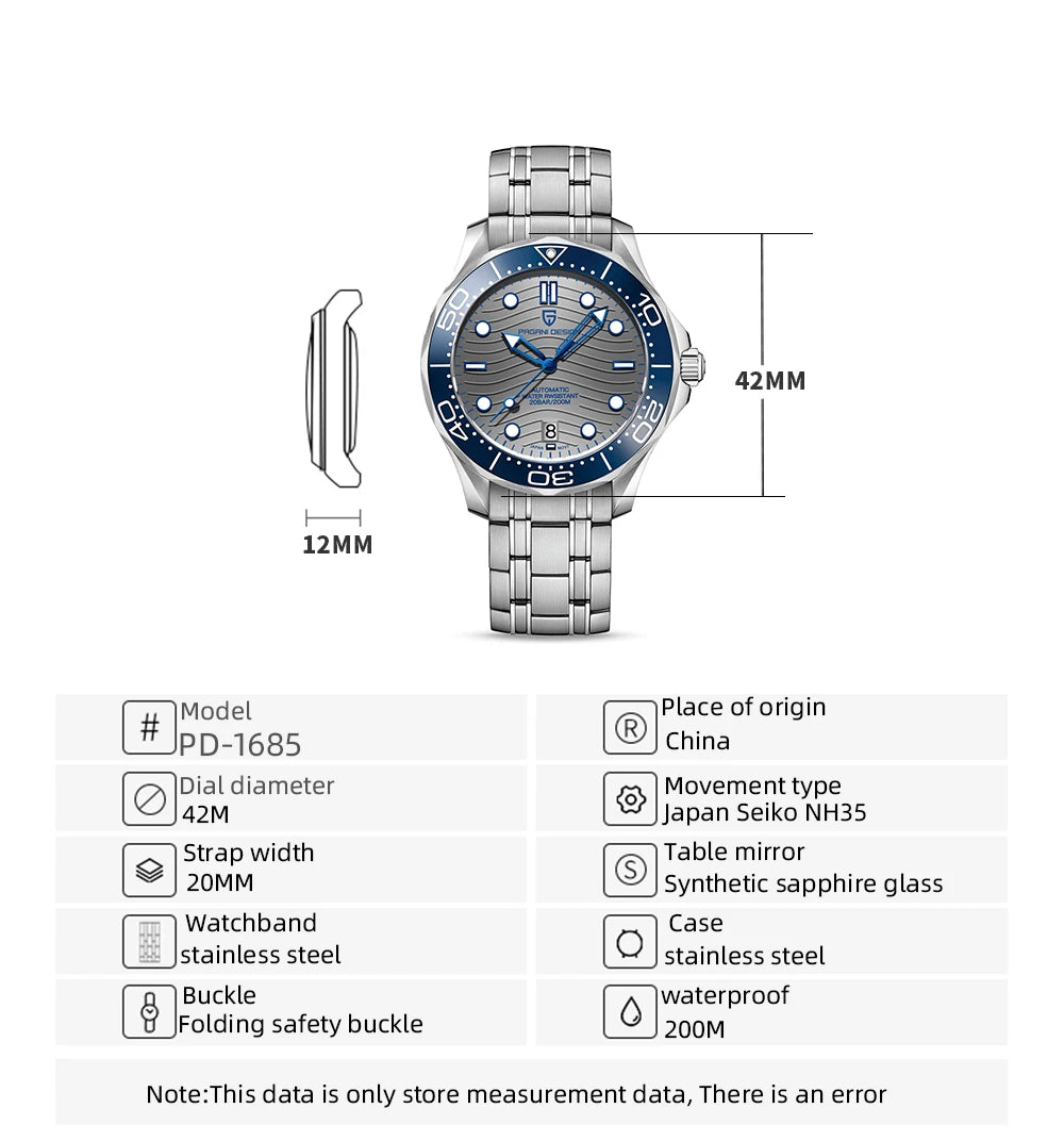 PAGANI DESIGN 2026 New V2 Waves 200M Relógio de mergulho automático masculino de luxo, cristal de safira, relógio de pulso masculino AR