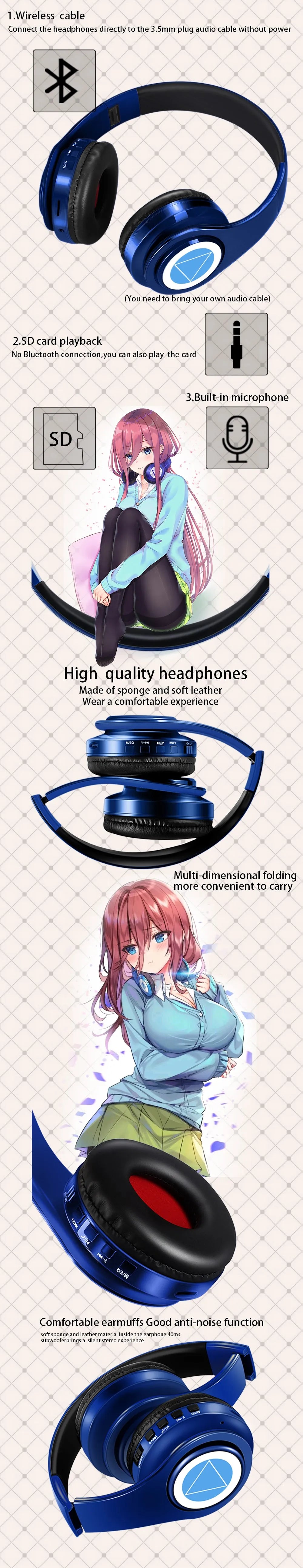 Auscultadores Anime Over-Ear Miku Nakano Sanjiu Bluetooth 5.0 – Headset Gaming Estéreo Sem Fios com Graves Profundos, Microfone e Suporte para Cartão TF