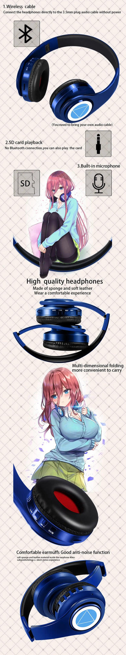 Auscultadores Anime Over-Ear Miku Nakano Sanjiu Bluetooth 5.0 – Headset Gaming Estéreo Sem Fios com Graves Profundos, Microfone e Suporte para Cartão TF