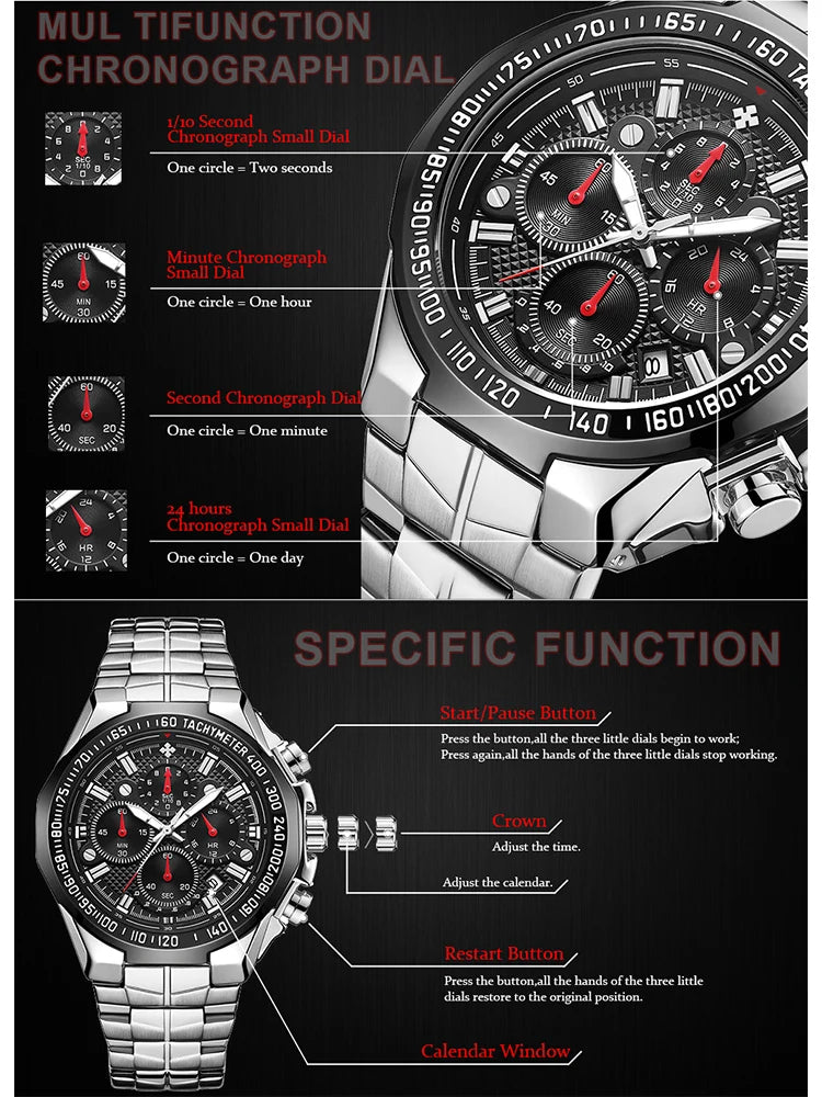 Sports Watches For Men Fashion Quartz Men Big Clock WWOOR Top Brand Luxury Military Full Steel Waterproof Chronograph Wristwatch