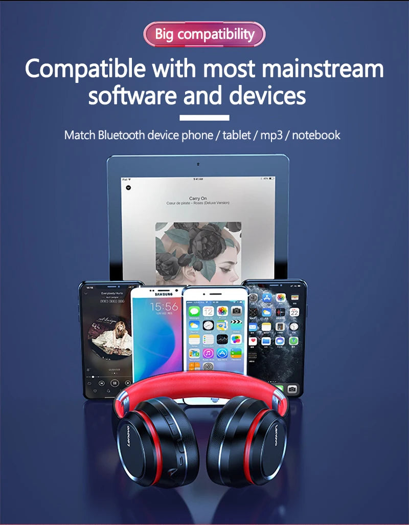 Auscultadores sem fios Bluetooth Over-Ear Lenovo HD200 – Headset gaming estéreo HiFi com cancelamento de ruído e microfone