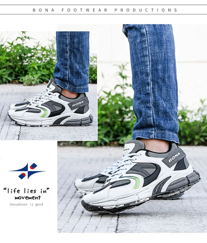 BONA New Designer Action Leather Mesh Men Running Shoes Sneakers Trainers Lightweight Anti-skid Outdoor Walking Shoes for Men