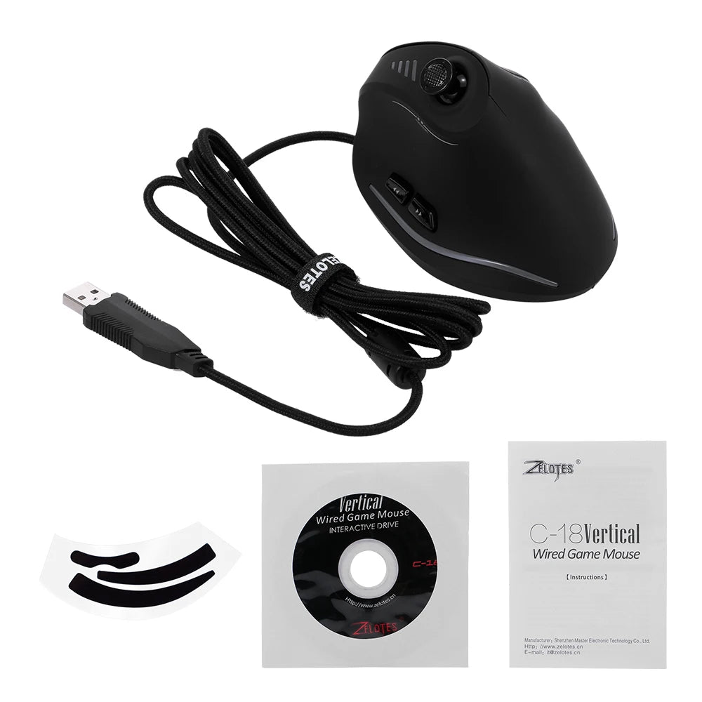 Zelotes C-18 Wired Gaming Mouse 11 Programmable Buttons 10000 DPI Laser Engine RGB Light Belt 128KB Vertical Mouse for Laptop PC