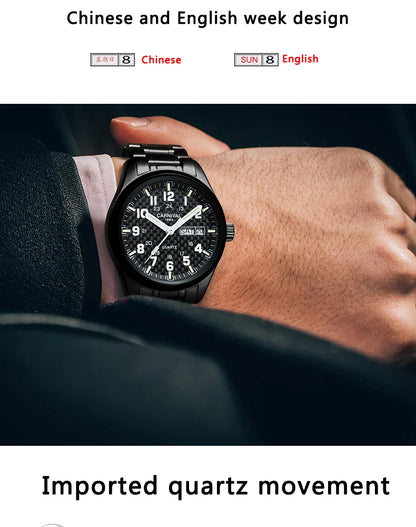 CARNIVAL Luxury Brand Watch Men Quartz Watches Luminous Hands Waterproof Solid Stainess Steel Men's Clock Relogio Masculino 8638