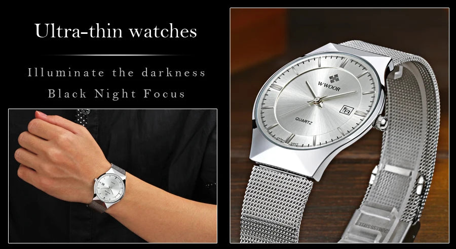 WWOOR Silver Men Watches with Mesh Steel Top Brand Luxury Ultra Thin Quartz Waterproof Date Business Wristwatch Box Montre Homme