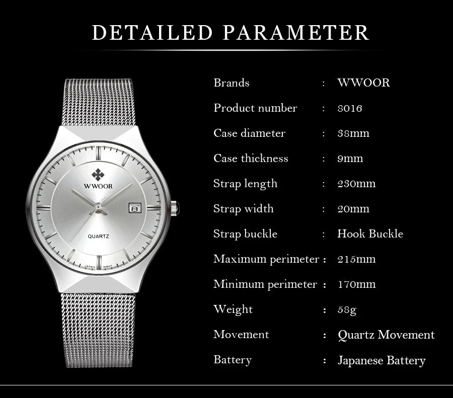 WWOOR Silver Men Watches with Mesh Steel Top Brand Luxury Ultra Thin Quartz Waterproof Date Business Wristwatch Box Montre Homme