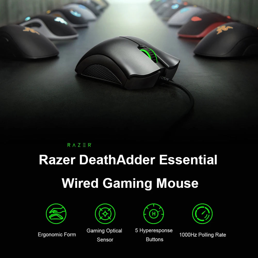 Ratón gaming con cable Razer DeathAdder Essential original, sensor óptico de 6400DPI, 5 botones independientes, para portátil y PC gamer