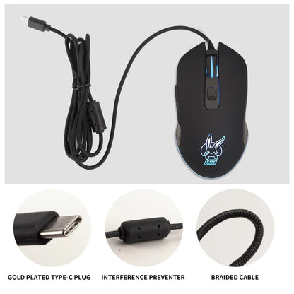 Цветна светеща мишка с USB-C и бутон за заглушаване за лаптоп с Type-C, геймърска мишка
