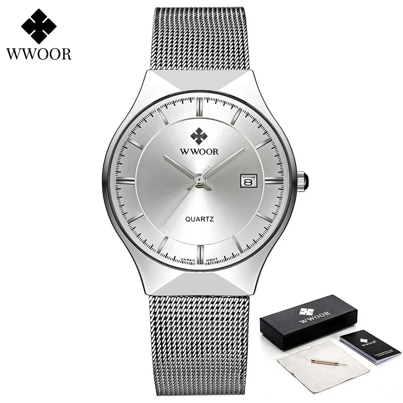 WWOOR Silver Men Watches with Mesh Steel Top Brand Luxury Ultra Thin Quartz Waterproof Date Business Wristwatch Box Montre Homme