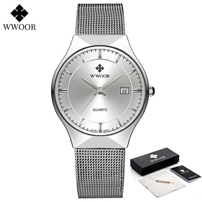 WWOOR Silver Men Watches with Mesh Steel Top Brand Luxury Ultra Thin Quartz Waterproof Date Business Wristwatch Box Montre Homme