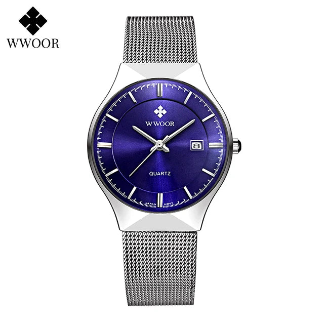 WWOOR Silver Men Watches with Mesh Steel Top Brand Luxury Ultra Thin Quartz Waterproof Date Business Wristwatch Box Montre Homme