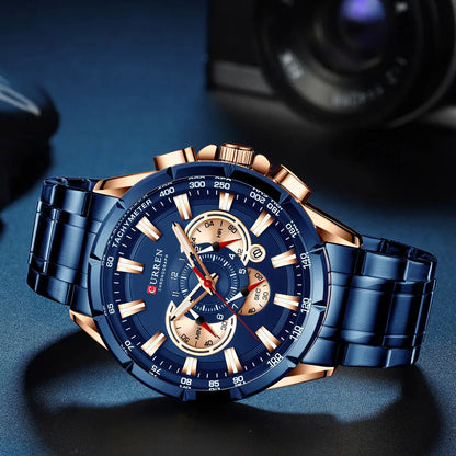 Relógio masculino CURREN Business Men, relógio de pulso de luxo em aço inoxidável, cronógrafo militar, relógio de quartzo