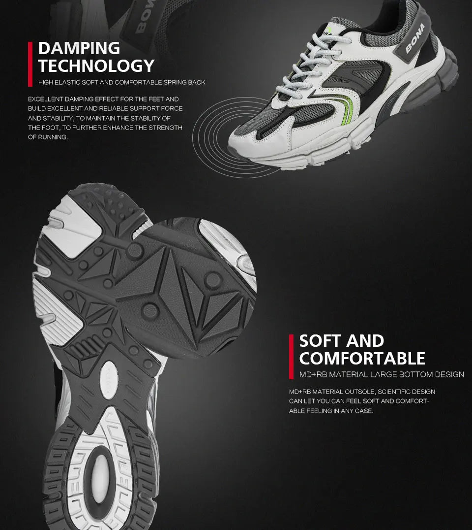 BONA New Designer Action Leather Mesh Men Running Shoes Sneakers Trainers Lightweight Anti-skid Outdoor Walking Shoes for Men