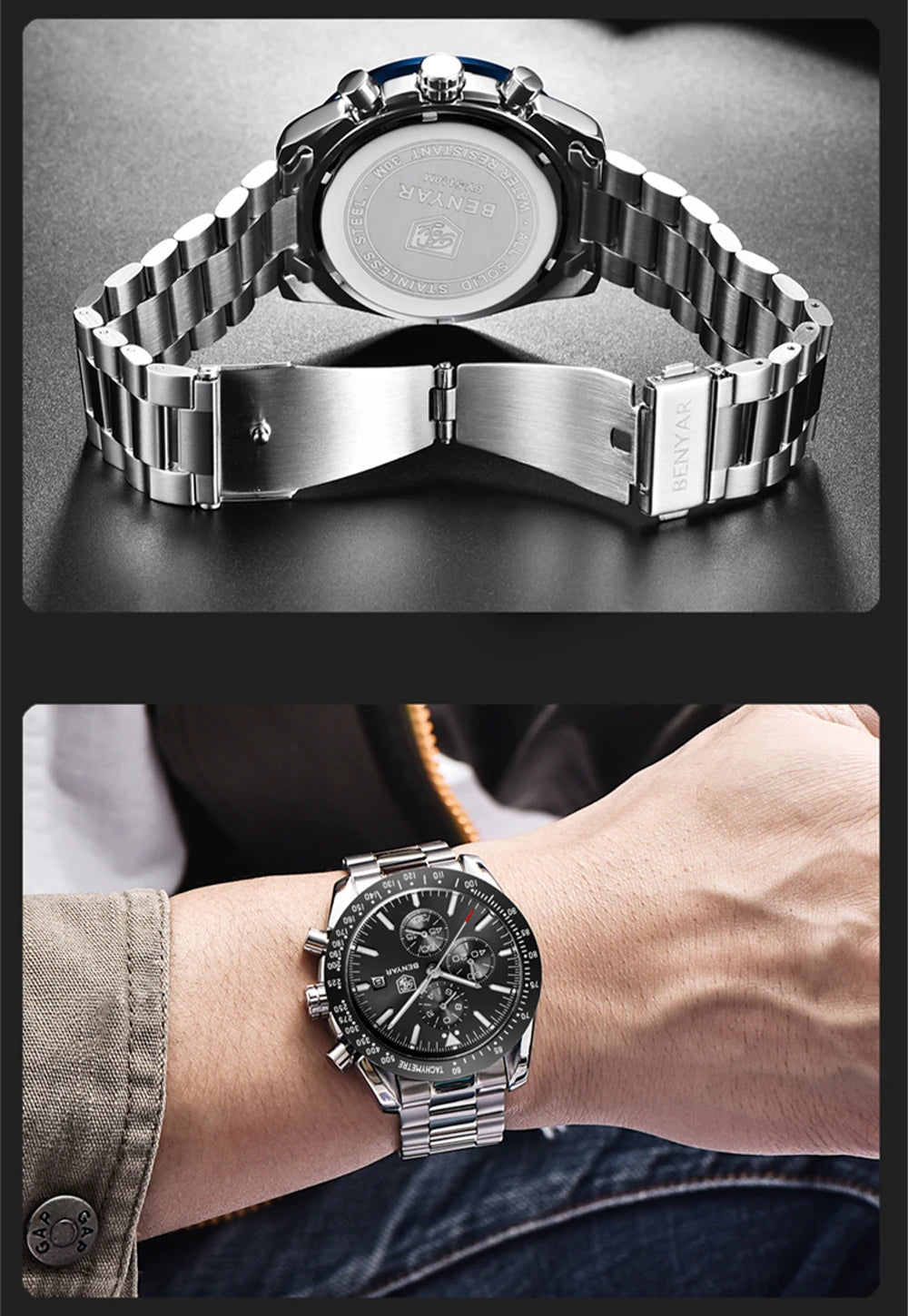 Luksuzne moške ure BENYAR – Kvarčne zapestne ure z usnjenim pasom, vodotesne do 30 m, športni stil.