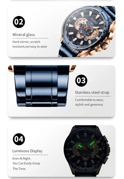 Relógio masculino CURREN Business Men, relógio de pulso de luxo em aço inoxidável, cronógrafo militar, relógio de quartzo