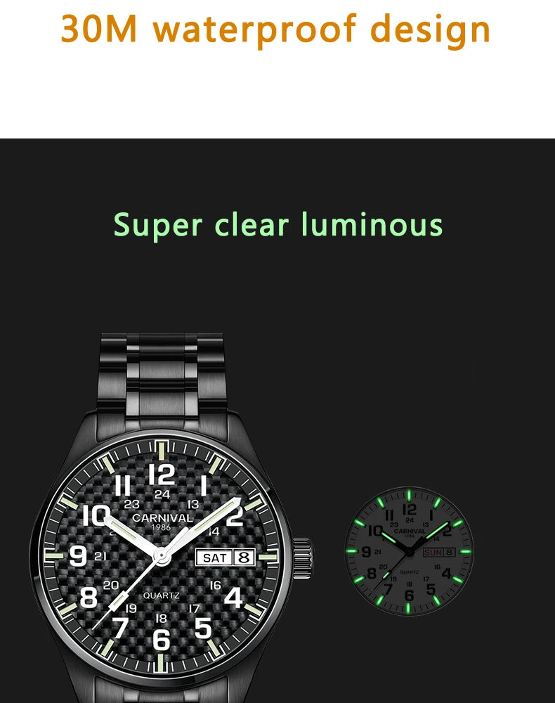 CARNIVAL Luxury Brand Watch Men Quartz Watches Luminous Hands Waterproof Solid Stainess Steel Men's Clock Relogio Masculino 8638