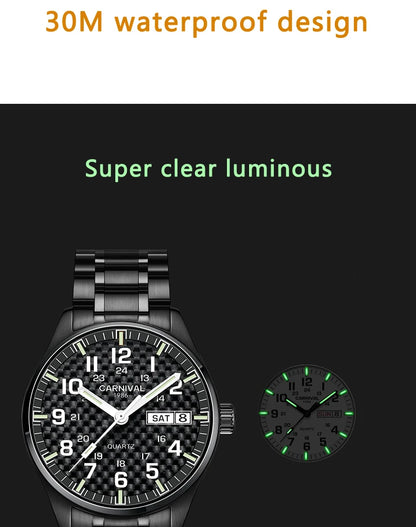 CARNIVAL Luxury Brand Watch Men Quartz Watches Luminous Hands Waterproof Solid Stainess Steel Men's Clock Relogio Masculino 8638