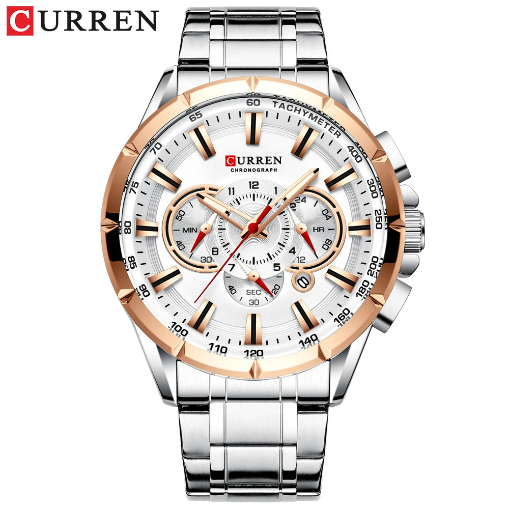 Relógio masculino CURREN Business Men, relógio de pulso de luxo em aço inoxidável, cronógrafo militar, relógio de quartzo