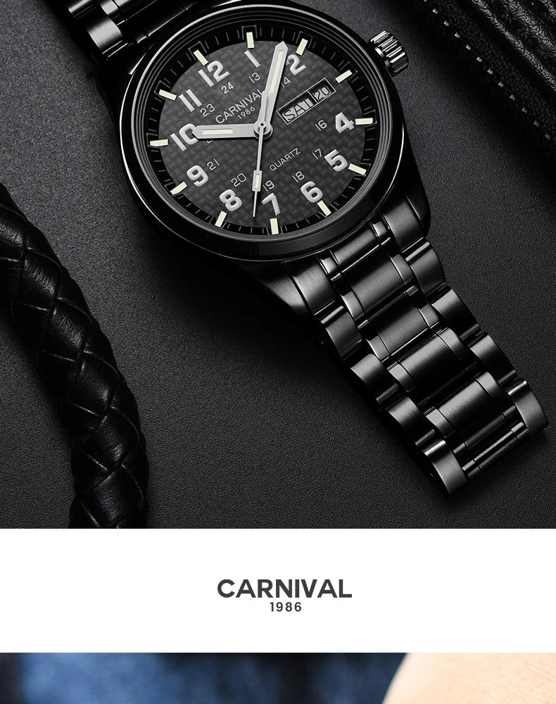 CARNIVAL Luxury Brand Watch Men Quartz Watches Luminous Hands Waterproof Solid Stainess Steel Men's Clock Relogio Masculino 8638
