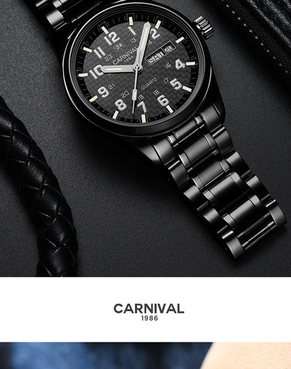 CARNIVAL Luxury Brand Watch Men Quartz Watches Luminous Hands Waterproof Solid Stainess Steel Men's Clock Relogio Masculino 8638