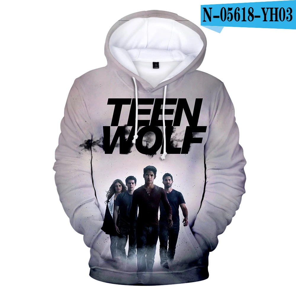 Nowe bluzy z kapturem z nadrukiem 3D inspirowane serialem TV TEEN WOLF – dla mężczyzn, kobiet i dzieci, moda Harajuku, jesienne streetwearowe pulowery hip-hop