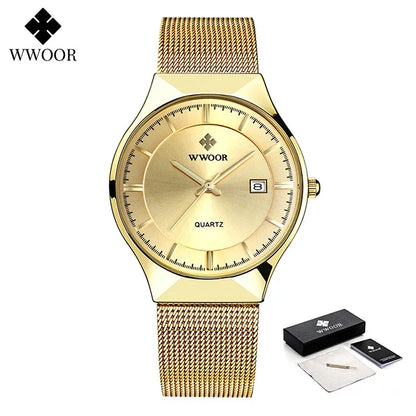WWOOR Silver Men Watches with Mesh Steel Top Brand Luxury Ultra Thin Quartz Waterproof Date Business Wristwatch Box Montre Homme
