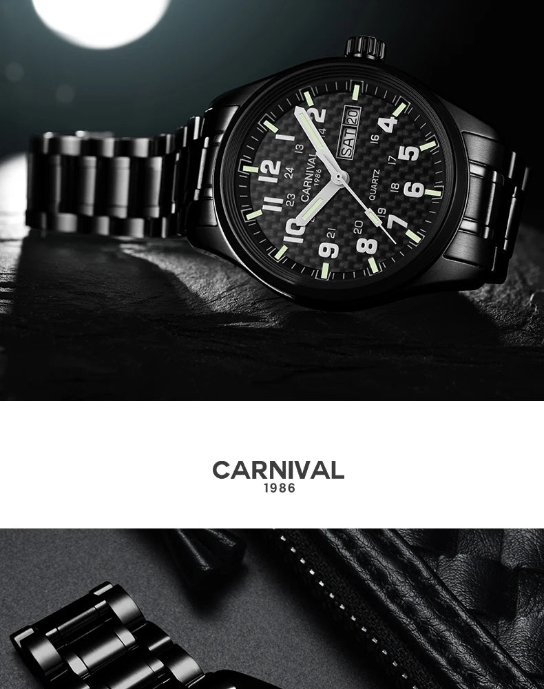 CARNIVAL Luxury Brand Watch Men Quartz Watches Luminous Hands Waterproof Solid Stainess Steel Men's Clock Relogio Masculino 8638