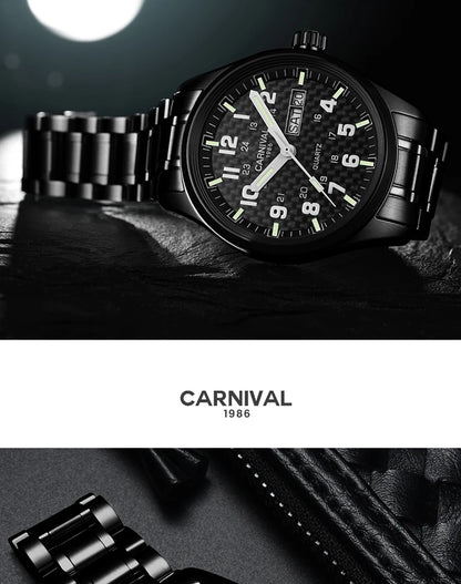 CARNIVAL Luxury Brand Watch Men Quartz Watches Luminous Hands Waterproof Solid Stainess Steel Men's Clock Relogio Masculino 8638