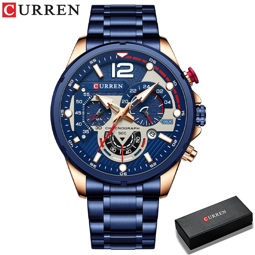 Relógio CURREN para Homem, Desportivo, de Quartzo, Cronógrafo, em Aço Inoxidável de Luxo, com Mostrador Luminoso