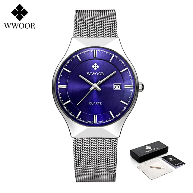 WWOOR Silver Men Watches with Mesh Steel Top Brand Luxury Ultra Thin Quartz Waterproof Date Business Wristwatch Box Montre Homme