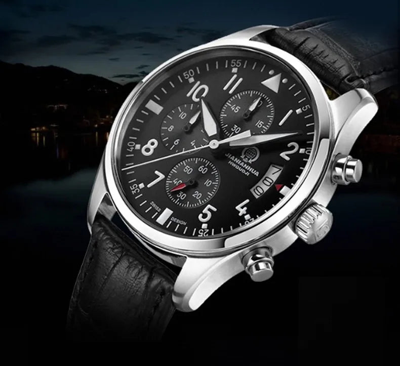 Chronograph luminous military running sport full steel men stop watch genuine leather strap luxury brand watches sapphire reloj