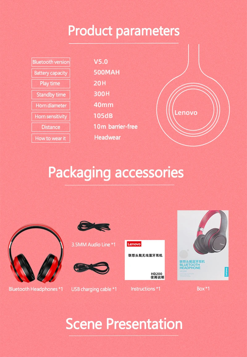 Auscultadores sem fios Bluetooth Over-Ear Lenovo HD200 – Headset gaming estéreo HiFi com cancelamento de ruído e microfone