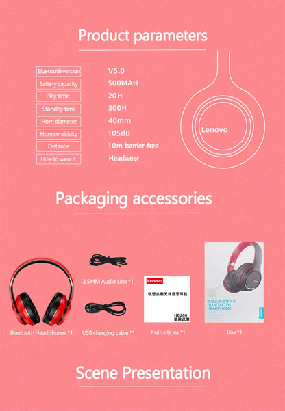 Auscultadores sem fios Bluetooth Over-Ear Lenovo HD200 – Headset gaming estéreo HiFi com cancelamento de ruído e microfone