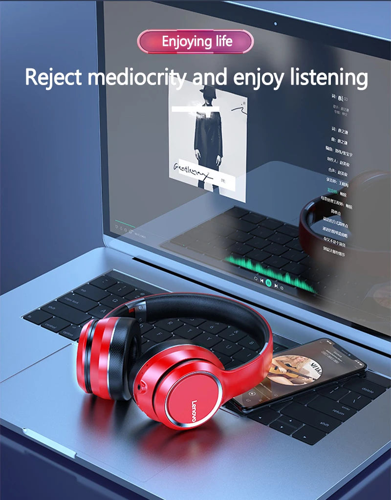 Auscultadores sem fios Bluetooth Over-Ear Lenovo HD200 – Headset gaming estéreo HiFi com cancelamento de ruído e microfone