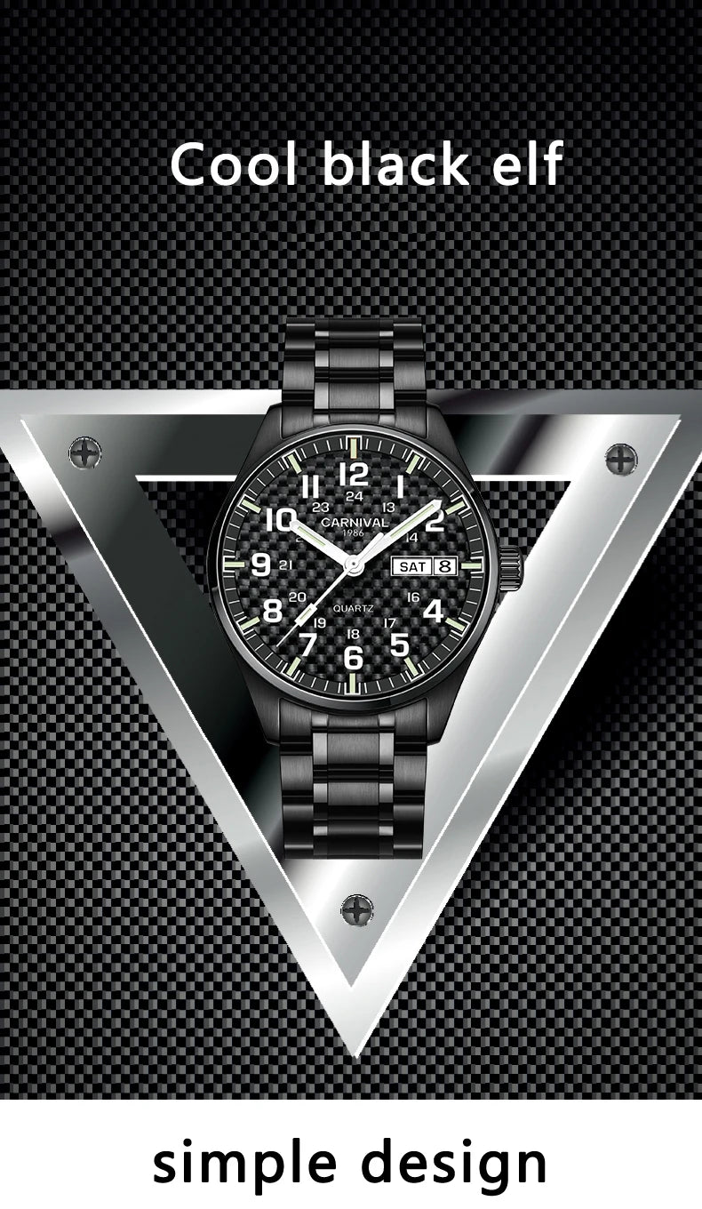 CARNIVAL Luxury Brand Watch Men Quartz Watches Luminous Hands Waterproof Solid Stainess Steel Men's Clock Relogio Masculino 8638