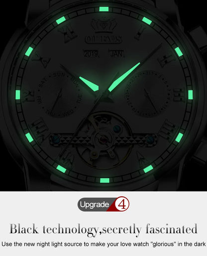 OLEVS Men's Watches Automatic Mechanical Business Wristwatch Waterproof Stainless Steel Strap Watch for Man Skeleton Calendar