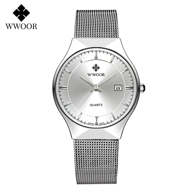 WWOOR Silver Men Watches with Mesh Steel Top Brand Luxury Ultra Thin Quartz Waterproof Date Business Wristwatch Box Montre Homme