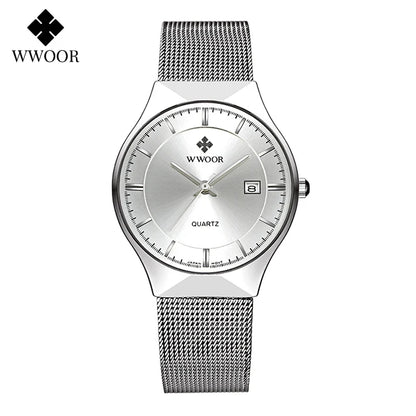 WWOOR Silver Men Watches with Mesh Steel Top Brand Luxury Ultra Thin Quartz Waterproof Date Business Wristwatch Box Montre Homme