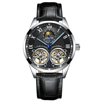 AILANG Double Tourbillon Design Business Men Mechanical Watch Fashion Leather Moon Phase Automatic Watches for Mens Reloj Hombre