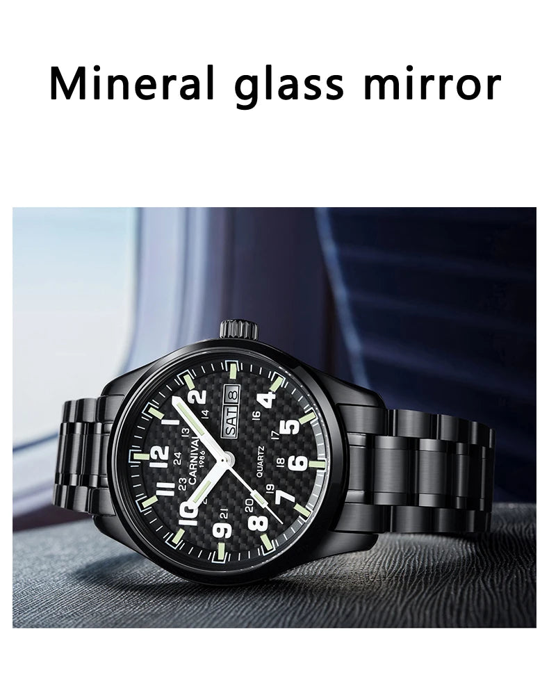 CARNIVAL Luxury Brand Watch Men Quartz Watches Luminous Hands Waterproof Solid Stainess Steel Men's Clock Relogio Masculino 8638