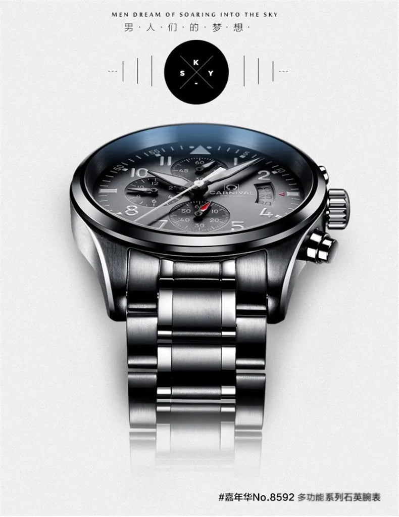 Chronograph luminous military running sport full steel men stop watch genuine leather strap luxury brand watches sapphire reloj